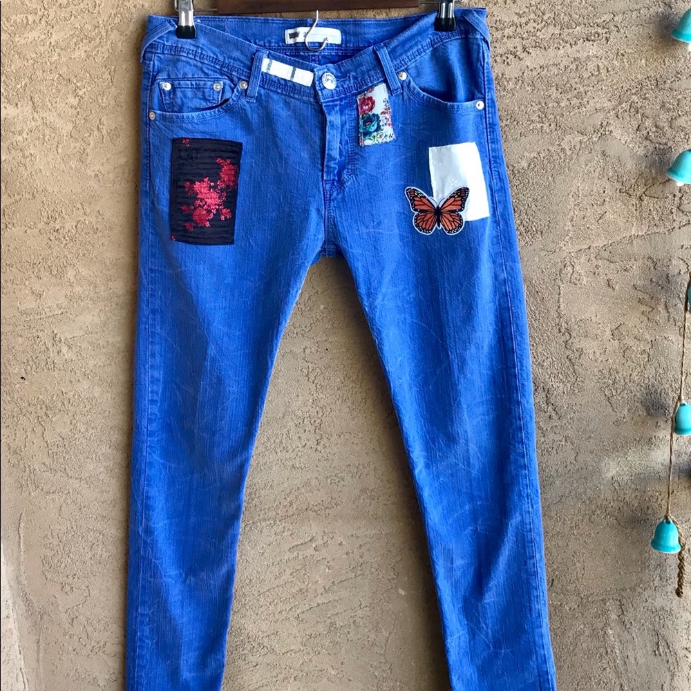 Custom Patched Levi’s Blue Skinny Jeans W31